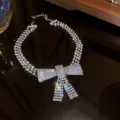 Εκθαμβωτικό κολιέ choker με φιόγκο από στρας, λαμπερή κρύσταλλο πολυεπίπεδη αλυσίδα. - 17# Επάργυρα κολιέ με φιόγκο γεμάτο στρας