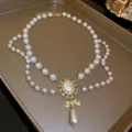 Vintage multi-layer pearl necklace with elegant gold pendant and bow design for women style variant - White Pearl Teardrop Necklaces