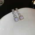 Geometric square zircon long drop earrings, elegant fashion silver tone jewelry for daily wear. - Multi-Layer Square Zirconia Long Style (HE9713)