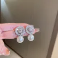 Stunning flower zircon pearl drop earrings, elegant silver needle fashion jewelry. - Artificial Pearl Flower Style (HE14118)