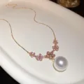 Gold-toned pearl flower pendant clavicle chain, chic pink crystal floral necklace for women. - Gold Pink Flower Style (124#)