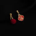 Asymmetric red pompom and fu character gold drop earrings, vintage style clip on jewelry. - Wine Red Fu Plaque Mosquito Coil Clip