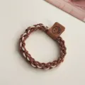 Brown braided hair tie with leather smiley tag, elegant milk tea color hair accessory. - Brown Smile Face Tag Style (3376) / Brown