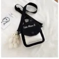 Canvas crossbody bag for women, casual black white small shoulder bag with cute bear pendant. - Black