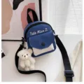 Small blue white canvas crossbody bag cute student messenger bag with bear pendant variant - With Pendant / Blue
