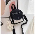 Small canvas crossbody bag for women, cute colorblock shoulder bag with bear pendant. - With Pendant / Black
