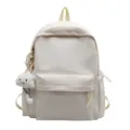 Beige grid school backpack with cute cloud pendant, casual student daypack variant. - Single Bag + Charm / White