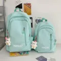 Mint green canvas dual school backpack set with cute bear pendant for students daily use. - Without Pendant / Green Small