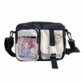 Schwarze Canvas Umhängetasche mit transparenter Tasche vorne, modische Schülertasche für Alltag. - Schwarz