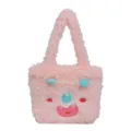 Pink fluffy monster tote bag for women, cute plush shoulder bag with cartoon cyclops design. - Pink