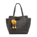 Black and white plaid shoulder tote bag with cute yellow fuzzy doll pendant for daily casual wear. - Single Bag / Black