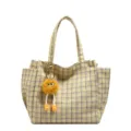 Yellow and grey plaid tote bag for women, large capacity knit shoulder bag with cute furry charm. - Single Bag / Yellow
