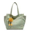 Green plaid tote bag for women, large capacity shoulder bag with cute fluffy toy pendant. - Single Bag / Light Green