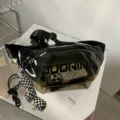 Black transparent PVC fanny pack chest bag with checkerboard keychain and bold letter print. - With Pendant / Black