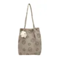 Cute corduroy tote bag with smiley face print and plush bear pendant for daily casual wear. - Single Bag / Gray