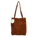 Brown corduroy tote bag with cute smiley face pattern and small plush pendant for daily casual. - Single Bag / Brown