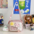 Cute pink canvas crossbody messenger bag with plush stars and fluffy cloud pendant for girls. - Pink + Pendant