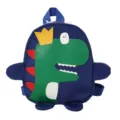 Cute cartoon dinosaur kids backpack in blue with crown detail and red spikes for boys girls. - Blue