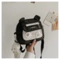 Cute nylon crossbody bag for women with bear ears, transparent pocket and plush bear charm. - Black with Pendant