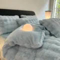 Light blue faux rabbit fur plush bedding set, cozy winter warm coral velvet quilt cover sheet. - 1.2m Flat Sheet 3-Piece Set / Aquamarine