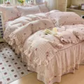 Pink plaid cotton bedding set 4-piece quilted bed skirt with floral lace ruffles. - Amy Butterfly Imprint / 1.8*2.2m Bed Skirt 4-Piece Bedding Set