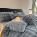 Grey plush fleece bedding set four pieces fluffy winter warm quilt cover bed sheet pillowcases - 1.2m Flat Sheet 3-Piece Set / Grey Blue