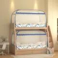 Bunk bed mosquito net, blue trim yurt style anti-fall mesh for student dorm upper lower bed. - 100x200cm Single Door / Geometric Blue
