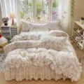 Cotton quilted floral bed skirt 4-piece set, vintage pastoral duvet cover with lace ruffles. - Amy Floral Fairy Rabbit / 1.8*2.2m Bed Skirt 4-Piece Bedding Set