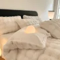 Faux rabbit plush bedding set winter warm coral fleece duvet cover bed sheet variant soft cream - 1.2m Flat Sheet 3-Piece Set / Warm White