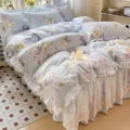 Cotton Quilted Bed Skirt 4 Piece Set Floral Vintage Lace Pastoral Duvet Cover Set Cozy Bedroom - Amy Exquisite Leaves