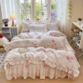 Cotton quilted bed skirt 4 piece set floral vintage lace pastoral duvet cover cozy home - Amy Rose Fragrance