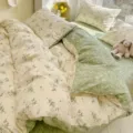 Parure de lit fleurs coton vert beige housse de couette taies d oreillers variante - Parure de lit en pur coton - Relai Art du thé (Nouveau) / Ensemble 3 pièces drap plat 1,2 m