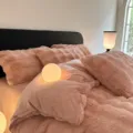 Pink faux rabbit fur bedding set, plush fleece duvet cover and pillowcases for winter warmth. - Pink Bean Paste