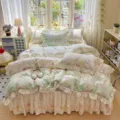 Cotton quilted bed skirt 4 piece set floral pastoral style duvet cover and pillowcases - Amy Jade Tassel