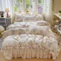 Floral quilted bed skirt 4-piece set, pastoral style cotton duvet cover with lace ruffles. - Amy Single Lilac