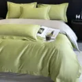 Juego de ropa de cama bordada en puro algodón de alta densidad, diseño elegante verde y beige. - Anna - verde fruta y beige