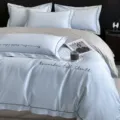 Juego de ropa de cama de algodón puro bordado de lujo variante, azul claro y estilo beige. - Anna - azul cielo