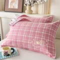 Pink plaid pillow covers, 100% cotton gauze pillow towels with cute pumpkin embroidery. - Jacquard Pure Cotton Double Gauze Padded Pillow Towel (Plaid Pumpkin - Pink)