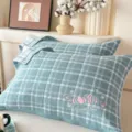Cotton plaid pillow cover with cute embroidered pumpkin design and romantic text, soft and comfy home bedding. - Jacquard Pure Cotton Double Gauze Padded Pillow Towel (Plaid Pumpkin - Lake Blue)