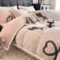 Cozy pink milk velvet winter duvet cover set with elegant black lace bows and heart patterns. - Carved Velvet Set Full of Love-Light Pink / 2.0m Flat Sheet Four Piece Set