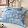 Blue plaid cotton pillow towel, soft double-layer gauze pillowcase pair for home decor. - Jacquard Pure Cotton Double Gauze Padded Pillow Towel (Plaid Pumpkin - Blue)