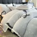 Winter thick milk velvet duvet cover set with elegant black lace bow embroidery and cozy texture. - Carved Velvet Set Full of Love-Light Blue / 2.0m Flat Sheet Four Piece Set