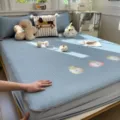 Housse de matelas rafraîchissante en soie glacée avec perles 3D et broderie de fruits d'été - Naidong Miao Chuangshang - Bleu lac - Drap-housse