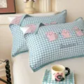 100% cotton plaid pillow cover pair with cute rabbit embroidery double layer gauze. - Jacquard Pure Cotton Double-Layer Gauze Interlayer Pillow Towel Cute Rabbit - Lake Blue