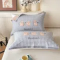 Soft cotton plaid pillow cover with cute embroidered rabbit design, breathable gauze pair set. - Jacquard Pure Cotton Double-Layer Gauze Interlayer Pillow Towel Cute Rabbit - Gray