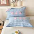 Cotton plaid pillow cover with cute pink rabbit embroidery, soft and breathable home bedding. - Jacquard Pure Cotton Double-Layer Gauze Interlayer Pillow Towel Cute Rabbit - Blue