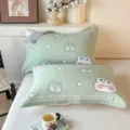 Soft cotton pillow towel set with cute cartoon animal print, breathable double layer gauze. - Jacquard Pure Cotton Double Gauze Pillow Towel - Star Rabbit Green