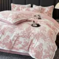 Housse de couette en peluche rose luxueux avec motif toile de jouy, literie chaude d'hiver. - Parure de lit en velours de lait sculpté paysage - mauve clair