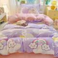 Gemütliche dicke Milchfleece Bettwäsche mit süßem Hasenmuster, warme Winter Plüschdecke. - Milchsamt-Bettwäsche-Set - Dioros Regenbogen-Hase / 1.5 m Spannbettlaken-Set 4-teilig - Bettbezug 180*200