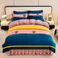 Thickened mink flannel velvet printed four piece bedding set with bed skirt and pillowcases - Urban Life Milk Velvet Bedding Set - Le Xuan / 1.8m Bed Skirt 4-Piece Set with Duvet Cover 200*230